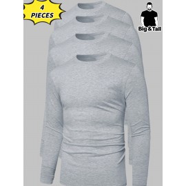 [Soft Plus Size T-Shirts] 4pcs Men's Plus Size Long Sleeve T-Shirt Set - Soft & Comfortable, 95% Polyester 5% Spandex, Solid Color, Round Neck, Casual Style, Perfect for Fall, Daily Wear