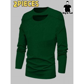 2pcs Men's Heavyweight 95% Polyester/5% Spandex Oversized Long Sleeve T-Shirt Set - Soft Stretch Round Neck Casual Layering Shirts in Green & Grey, Solid Color Winter Warmth, Comfortable Casual Attire, Plus Size Available (Machine Washable) - Ideal for Fall & Winter Layering Essentials (Casual & Formal Outfits) - Versatile Matching Outfits for Men, Relaxed Fit, Durable & Easy Care, Long Sleeve T Shirts for Men, Mens Plus Size T Shirt, Printed T Shirts for Men, PLUS SIZE